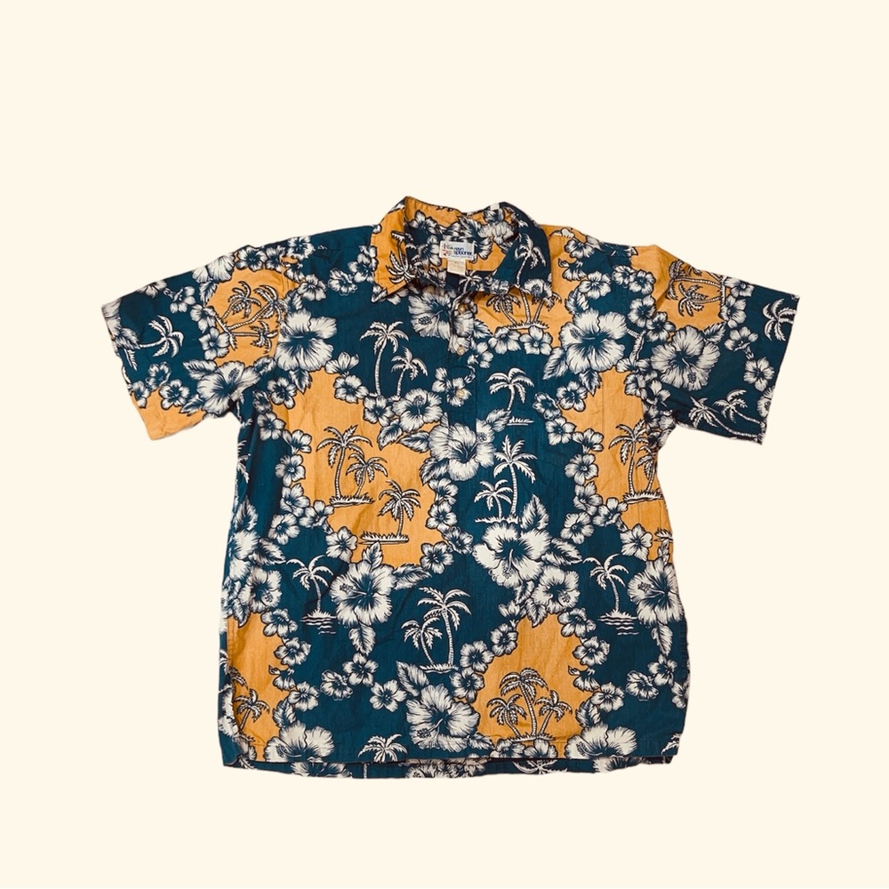 Vintage Reyn Spooner Hawaiian Shirt Blue Gold Pullover Palm Tree Hawaii Men XL